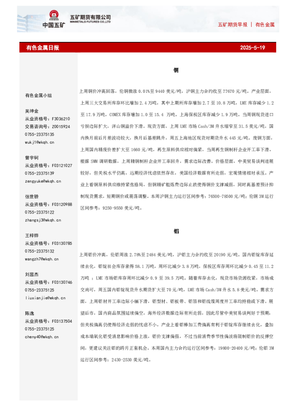 五矿期货早报有色金属