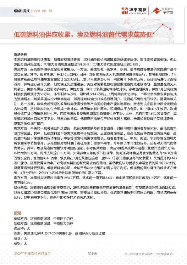 低硫燃料油供应收紧,埃及燃料油替代需求或降低