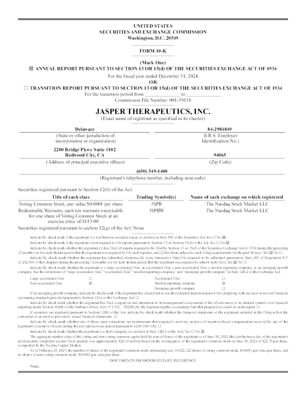 Jasper Therapeutics Inc-A 2024年度报告