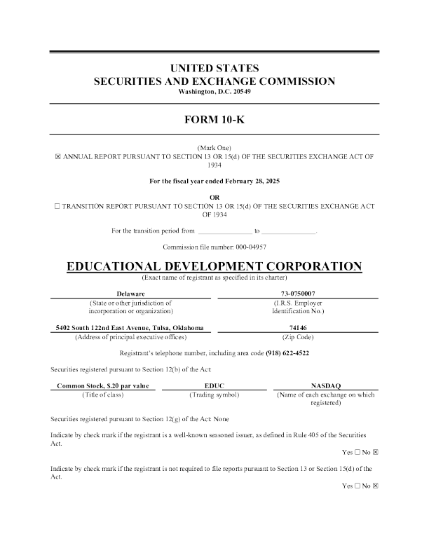 Educational Development Corp 2024年度报告