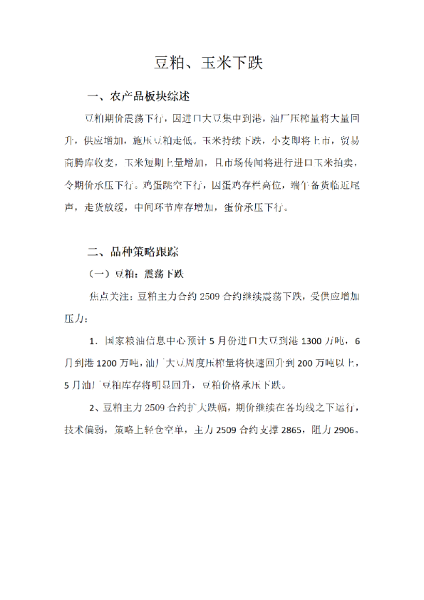 豆粕、玉米下跌