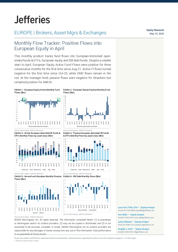 月度资金流向追踪4月欧洲股票资金流入呈正值