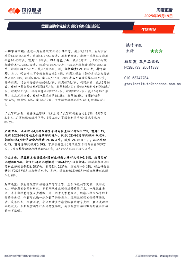 生猪周报：盘面波动率先放大 部分合约创出新低