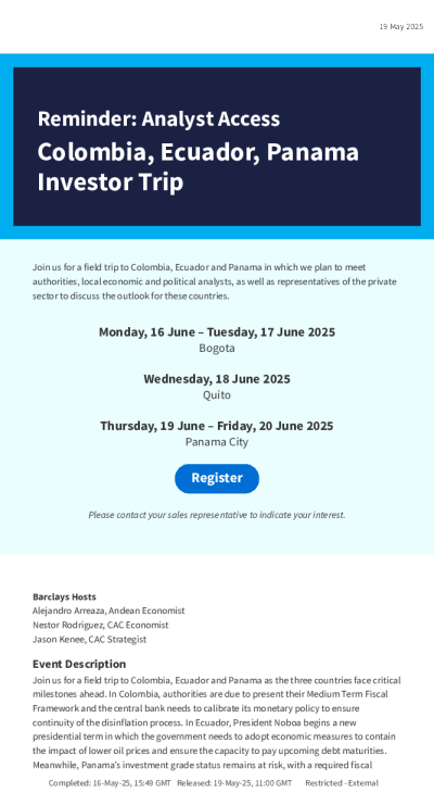 提醒分析师对接哥伦比亚、厄瓜多尔、巴拿马投资者之旅