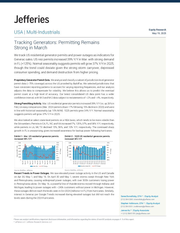 追踪发电机3月份许可情况依然强劲