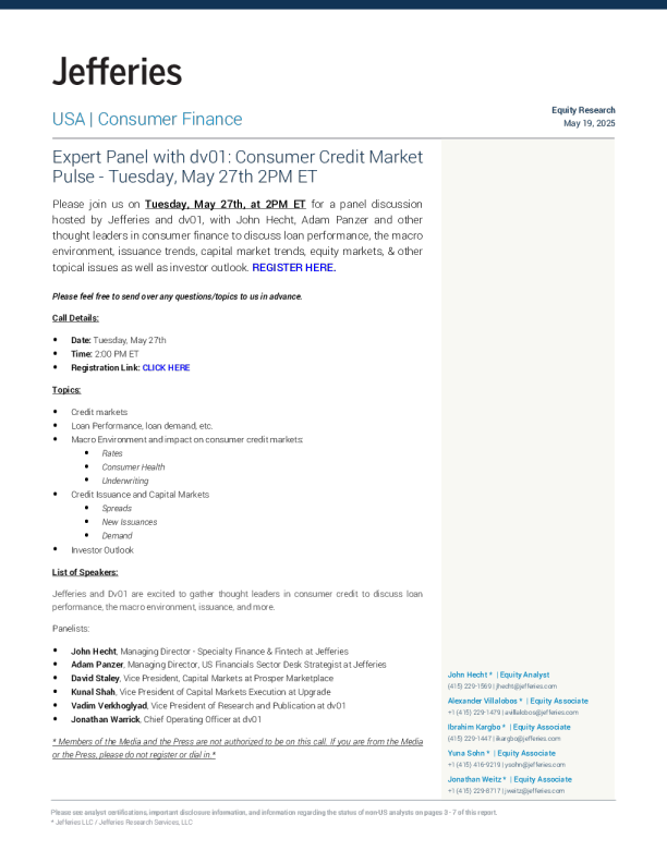 与dv01的专家小组会议消费者信贷市场动向-美国东部时间5月27日星期二下午2点