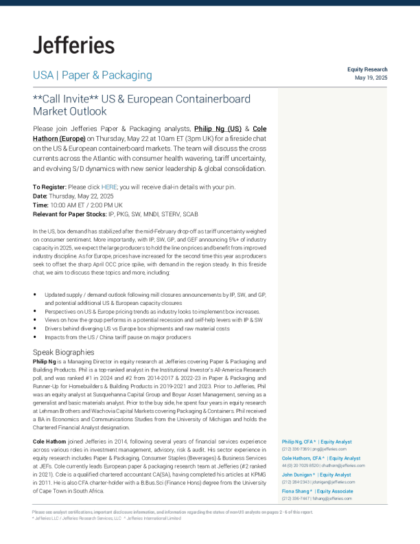 电话会议邀请美国和欧洲箱板纸市场展望