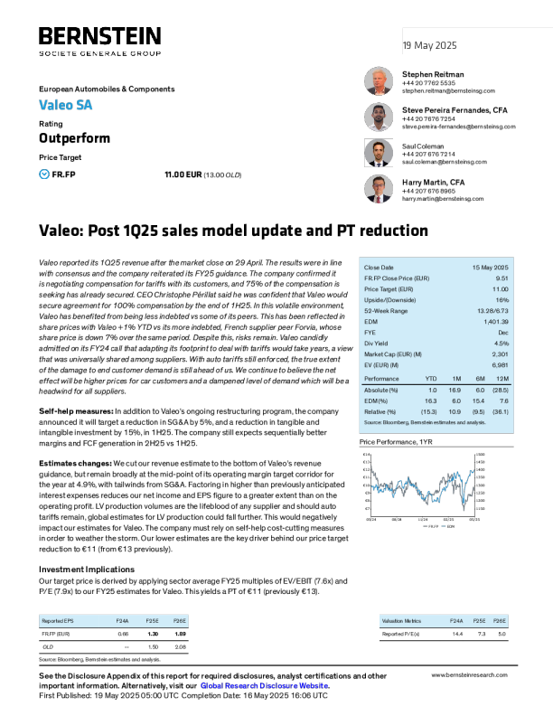 法雷奥：2025年第一季度销售模型更新及目标价下调