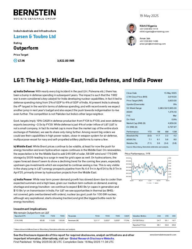 L&T：三大领域——中东、印度国防和印度电力