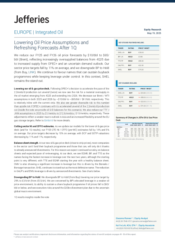 第一季度后下调油价假设并更新预测