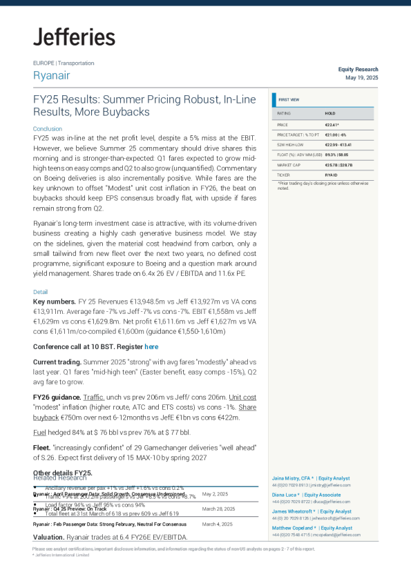 瑞安航空：2025财年业绩符合预期，夏季定价强劲，更多股票回购
