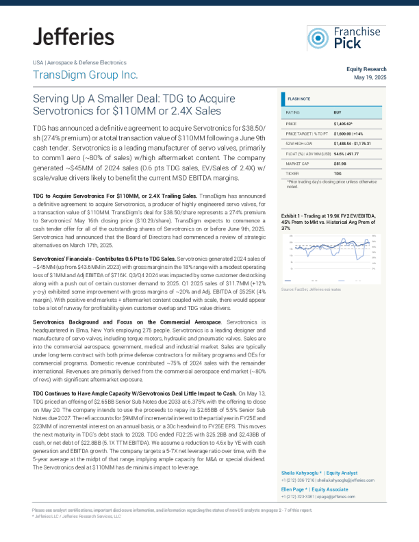 跨德姆集团（TDG）将以1.1亿美元或2.4倍销售额收购Servotronics