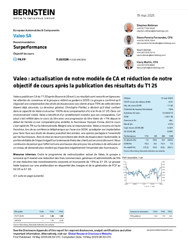 法雷奥集团：2025年第一季度业绩公布后更新营收模型并下调目标股价