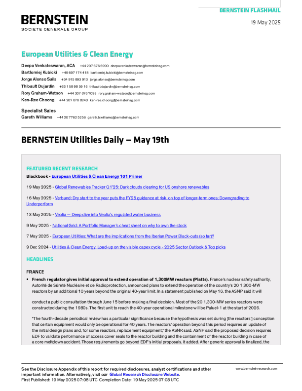 伯恩斯坦公用事业日报- 5月19日