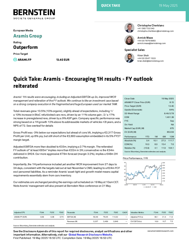 速评阿拉米斯（Aramis） - 上半年业绩鼓舞人心 - 重申财年展望