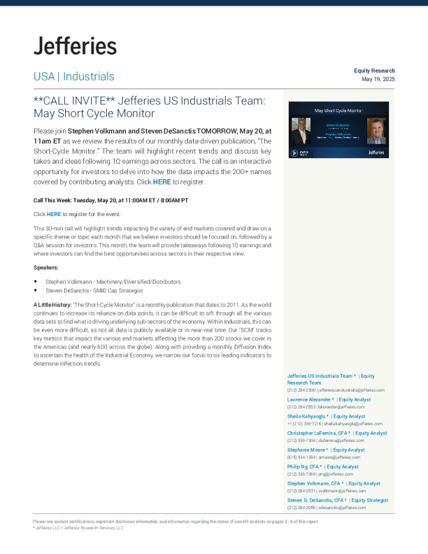 电话会议邀请杰富瑞美国工业团队五月短周期监测