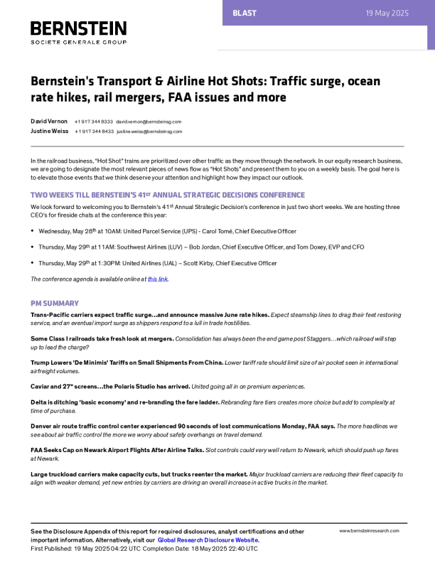 伯恩斯坦的交通与航空热点交通流量激增、海运价格上涨、铁路合并、美国联邦航空局问题等