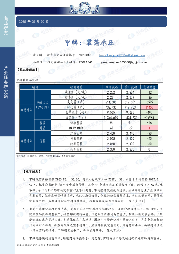 甲醇：震荡承压