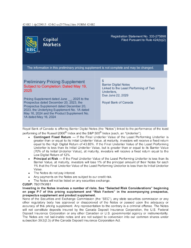 加拿大皇家银行美股招股说明书(2025-05-20版)