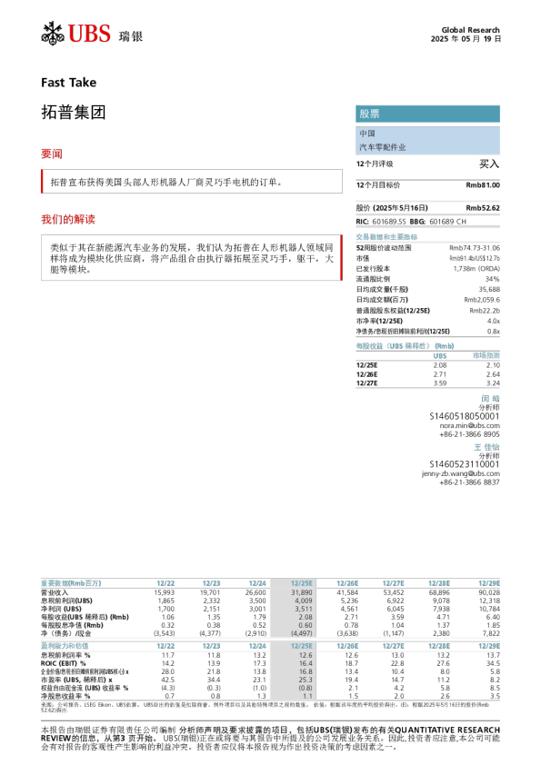 UBS-拓普宣布获得美国头部人形机器人厂商灵巧手电机的订单