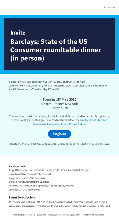 邀请巴克莱美国消费者圆桌晚宴（现场）