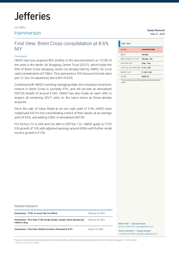 初步观点：布伦特交叉购物中心以8.6%的净初始收益率进行整合