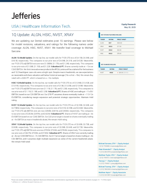第一季度更新：ALGN、HSIC、NVST、XRAY