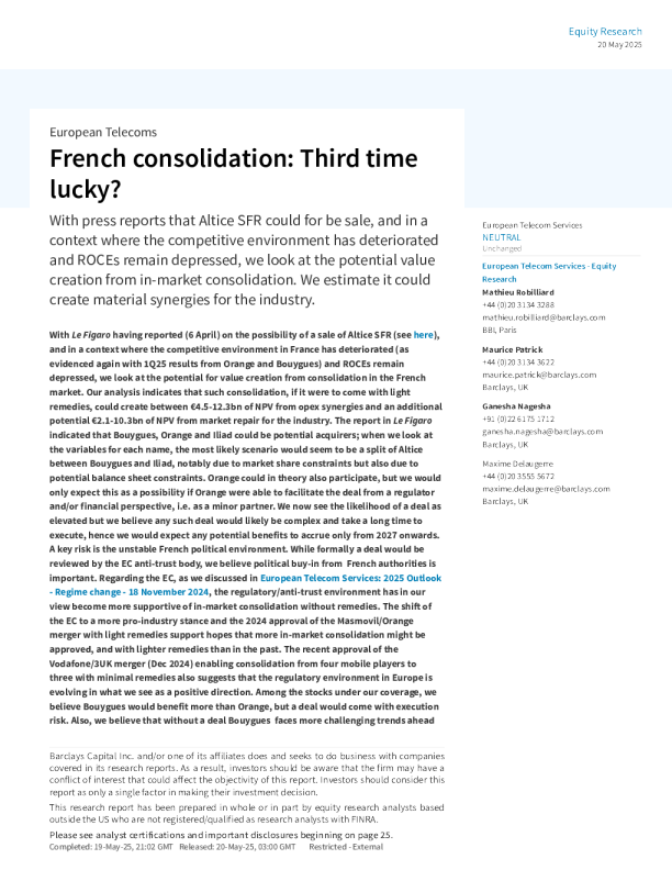 法国电信行业整合第三次会幸运吗？