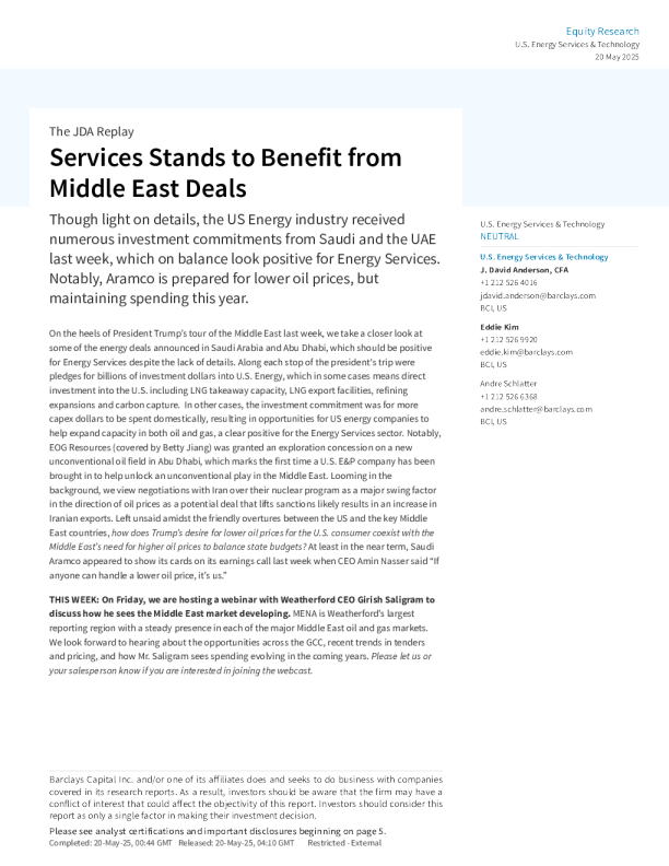 服务行业有望从中东交易中受益