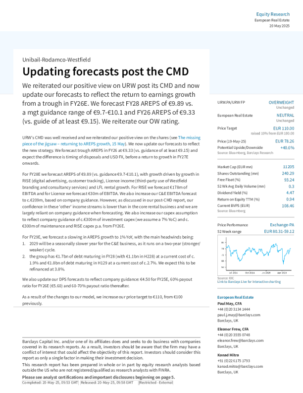 unibail-rodamco-westfield（urw）：cmd会议后更新预测
