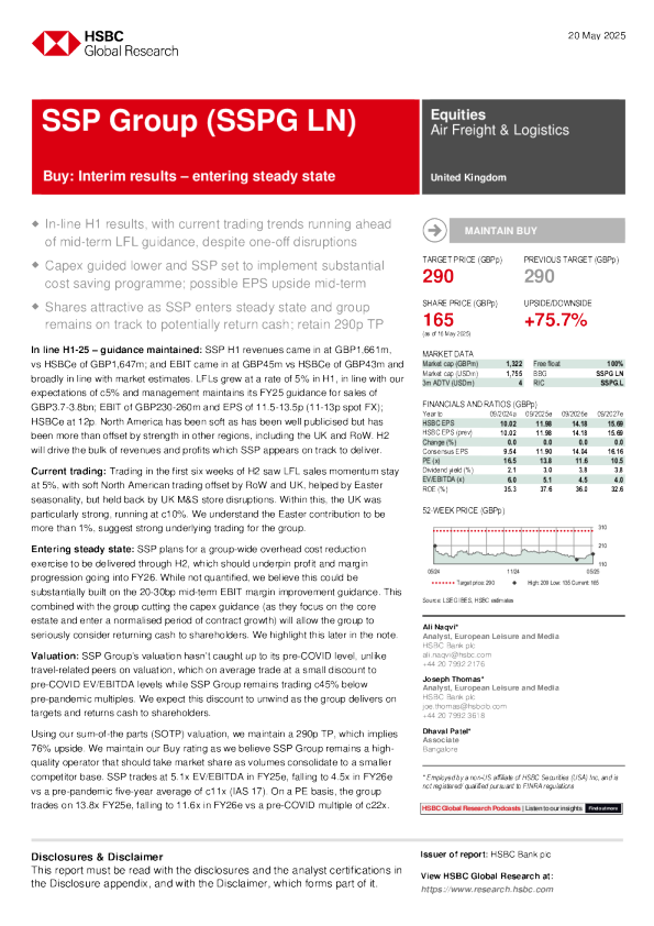 SSP集团（SSPG LN）买入评级：中期业绩符合预期，进入稳定状态