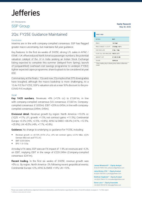 SSP集团：二季度维持2025财年指引