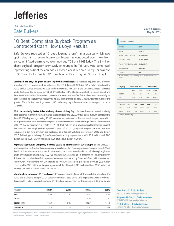 Safe Bulkers 一季度业绩超预期；完成回购计划，合同现金流支撑业绩
