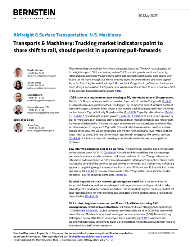 运输与机械卡车运输市场指标显示份额向铁路转移，在即将到来的提前拉动中应持续：美国机械之空运与地面运输