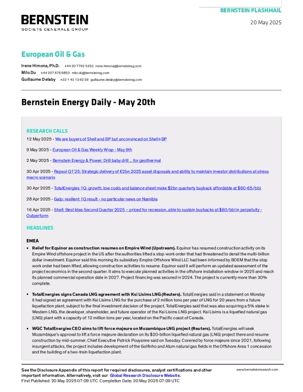 伯恩斯坦能源日报- 5月20日