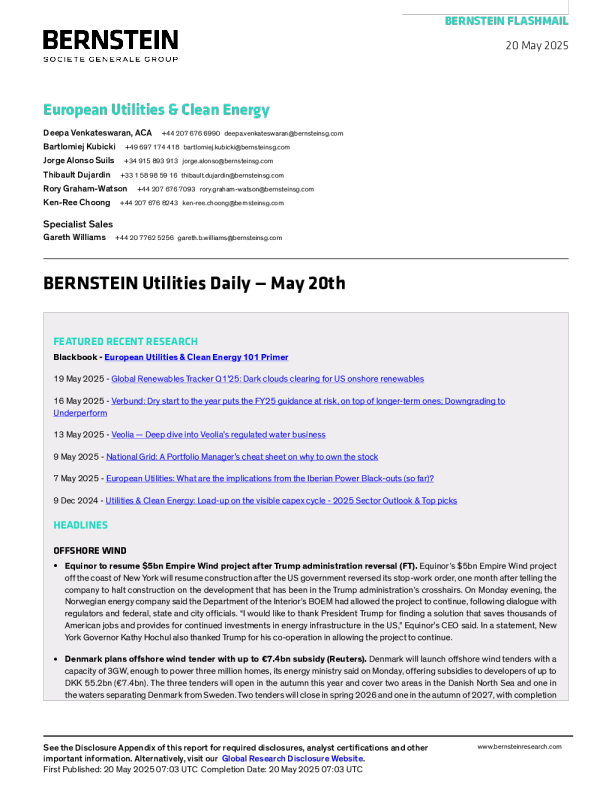 伯恩斯坦公用事业日报- 5月20日