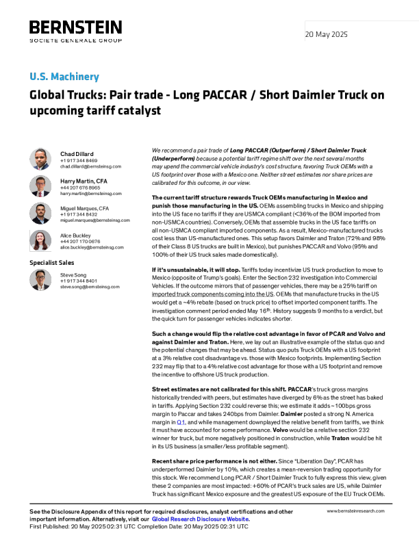 全球卡车基于即将到来的关税催化剂的配对交易——做多帕卡 做空戴姆勒卡车