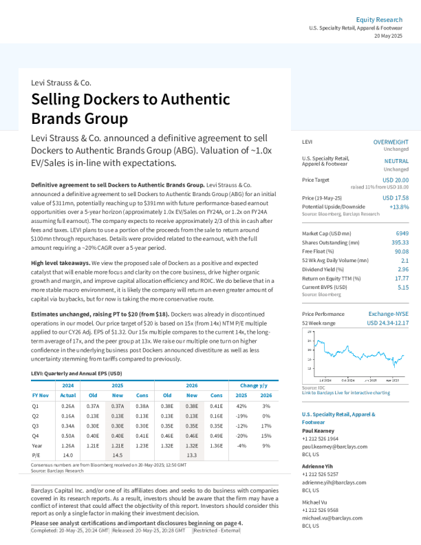 李维斯公司宣布将Dockers出售给Authentic Brands Group