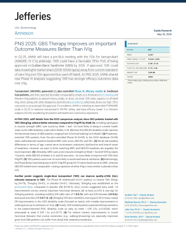 安奈克森（ANNX）：GBS疗法在重要疗效指标上优于IVIg