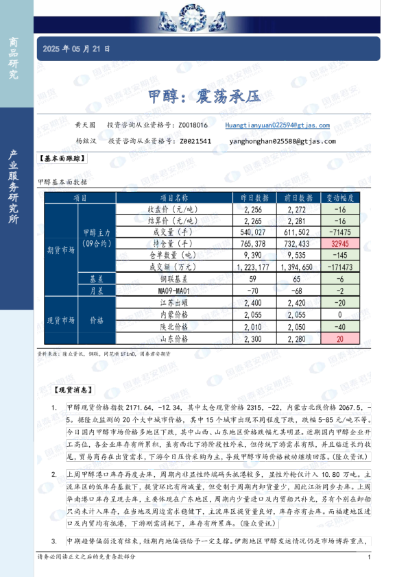 甲醇：震荡承压