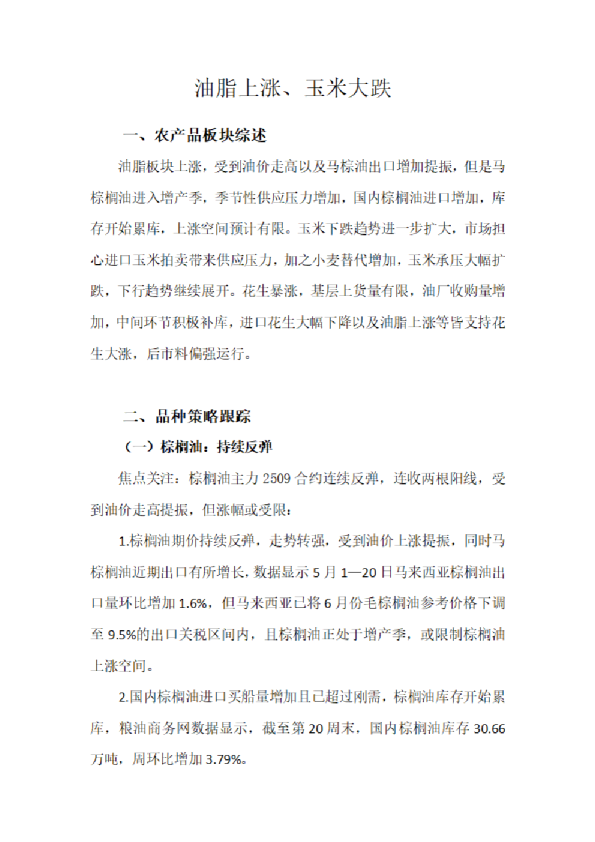 油脂上涨、玉米大跌