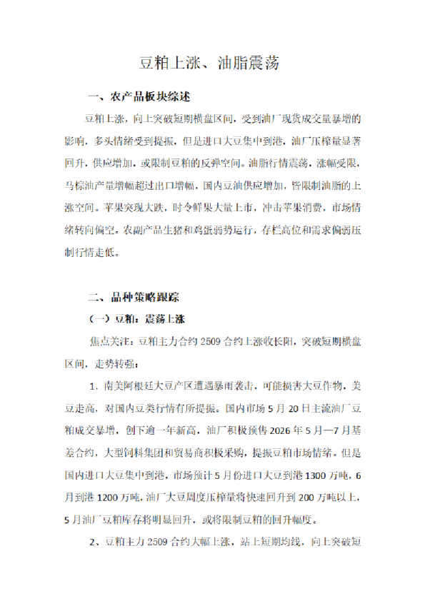 豆粕上涨、油脂震荡