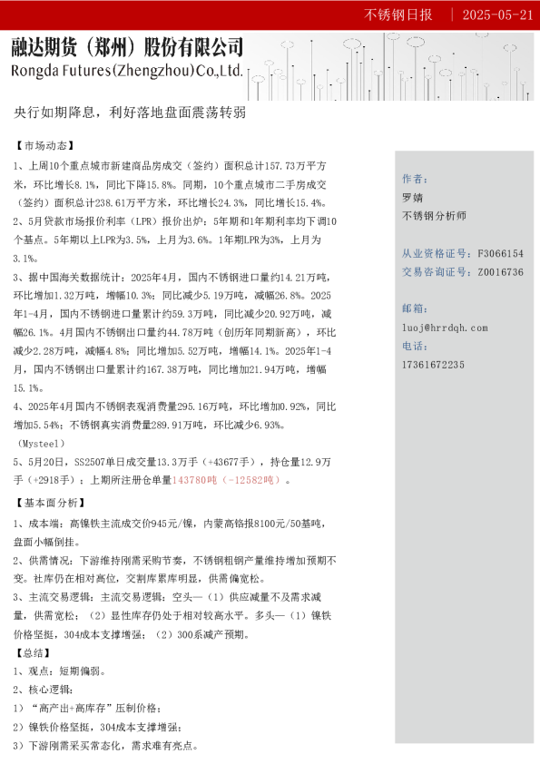 不锈钢日报-央行如期降息，利好落地盘面震荡转弱