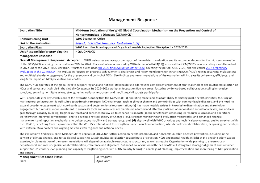 世界卫生组织预防和控制非传染性疾病全球协调机制的中期评价：管理层的回应