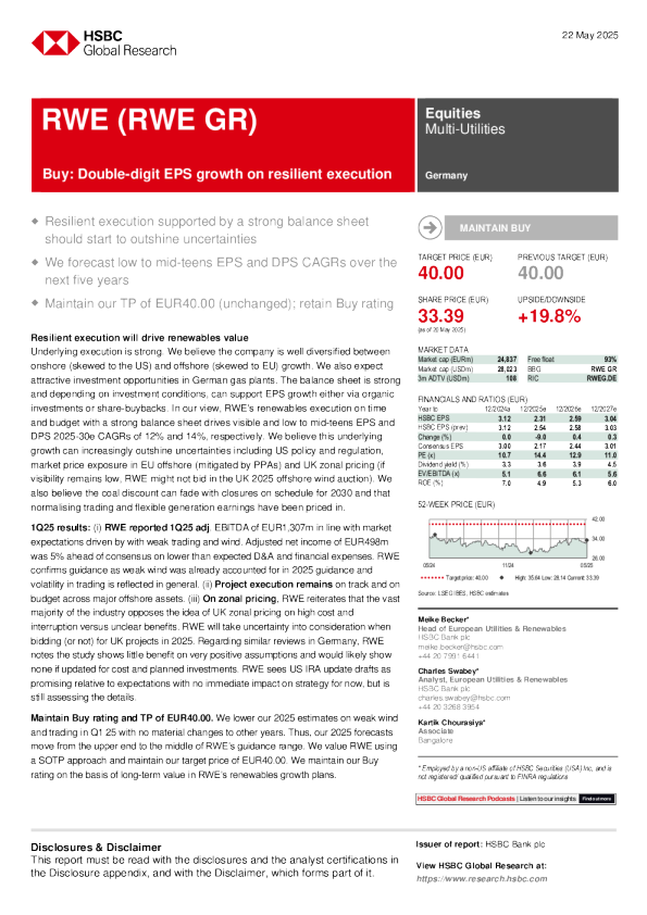 莱茵集团（RWE GR）：依靠稳健的执行实现两位数的每股收益增长