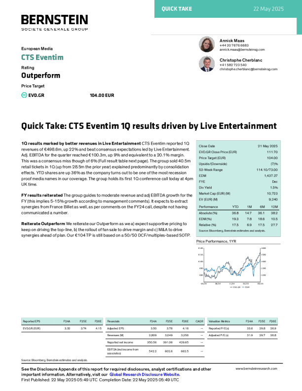 CTS Eventim第一季度业绩由现场娱乐业务驱动