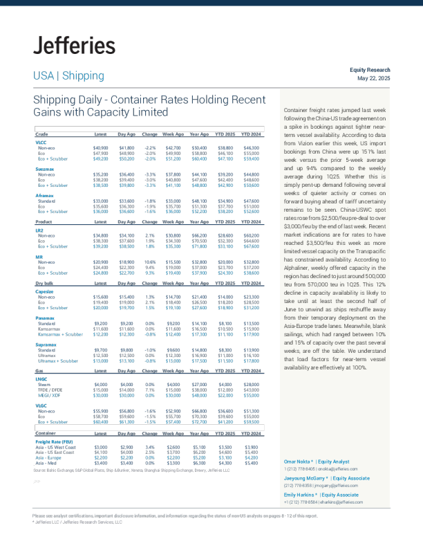 航运日报-集装箱运价维持近期涨幅，运力有限