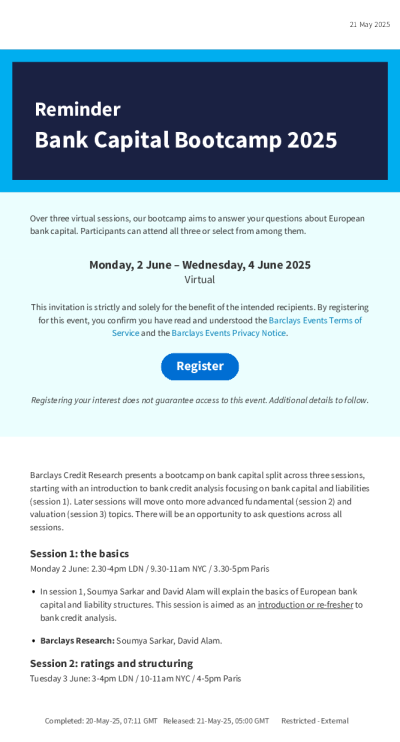 2025年银行资本训练营提醒