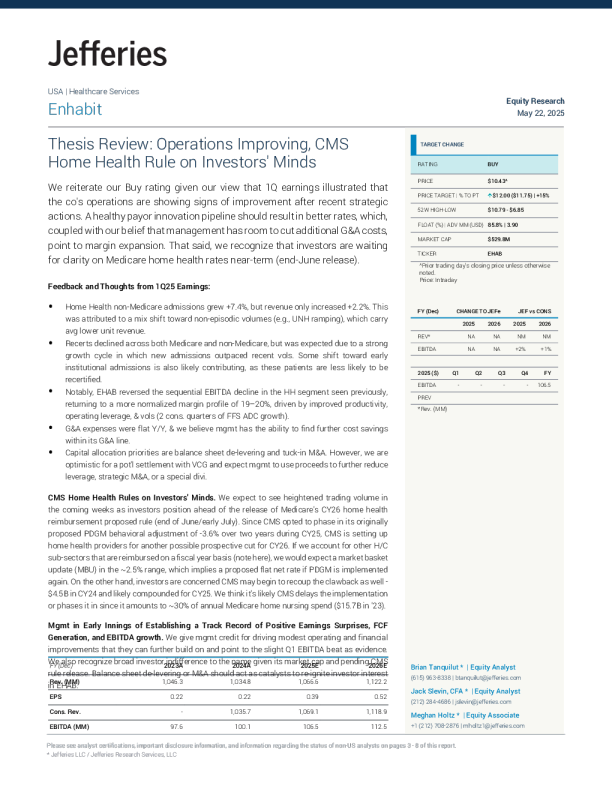 恩哈比特（EHAB）：运营改善与投资者关注的CMS家庭健康规则