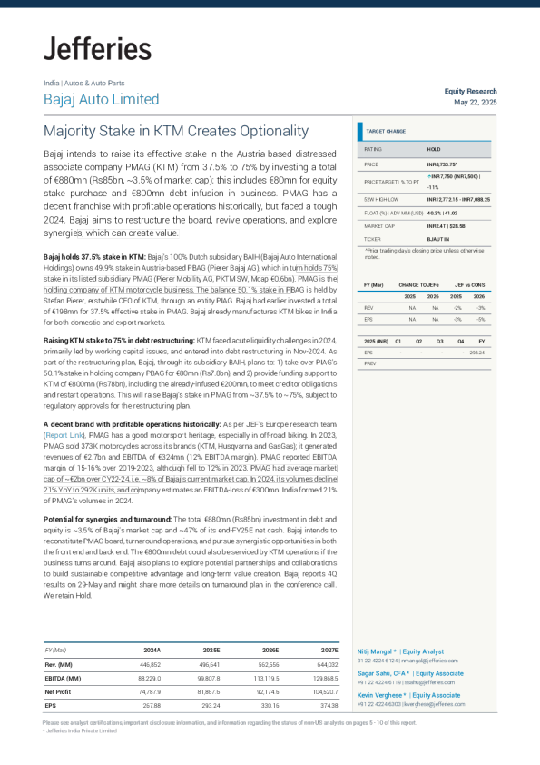 巴贾杰汽车有限公司：持有KTM多数股权带来灵活性